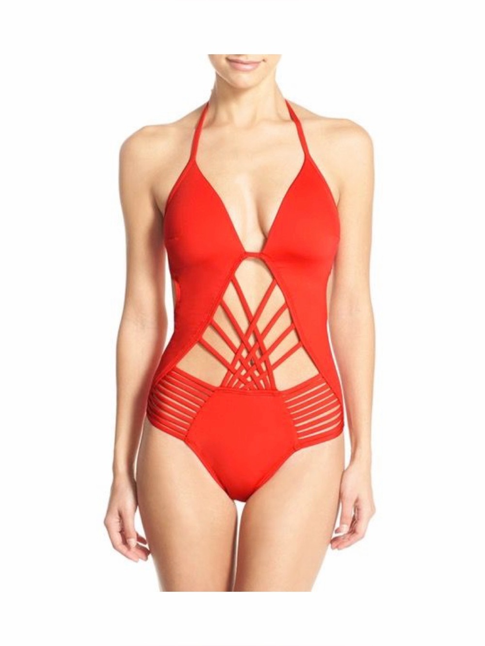 Kenneth Cole Women’s Strappy Cut-Out One Piece Halter Swimsuit M Red